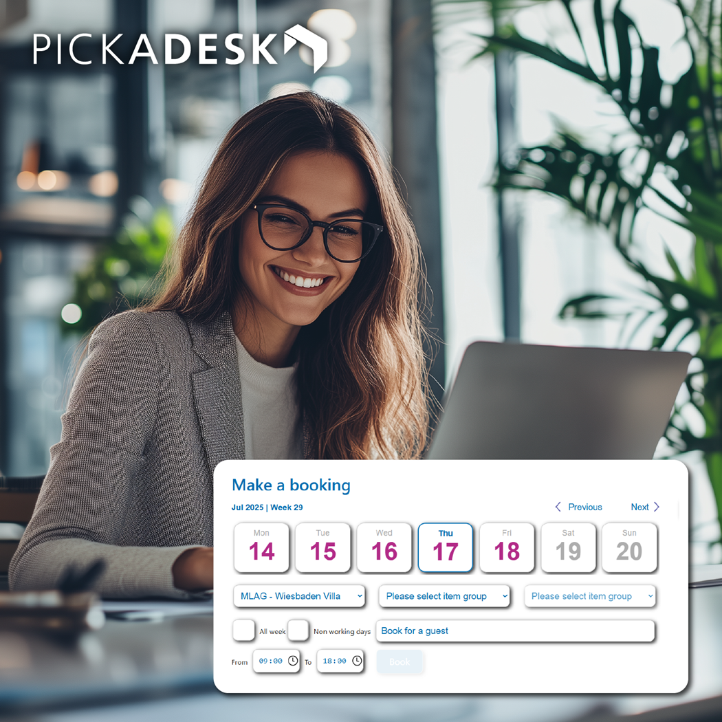 Book your desk with PickADesk - the Desk Sharing Software Woman sitting oin front of laptop is booking her desk with PickADesk